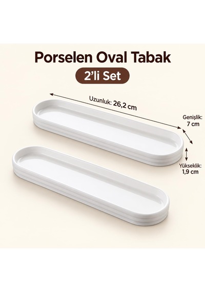 Porselen Oval Tabak 2'li Set, 26,2 7 1,9 Cm, Beyaz İnce Uzun Zeytinlik, Kahvaltılık Peynir Meze Ve Atıştırma Diğer