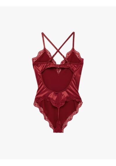 Koton V Yaka Askılı Dantel Detaylı Saten Bodysuit Kırmızı 6wlk00006mk Kırmızı