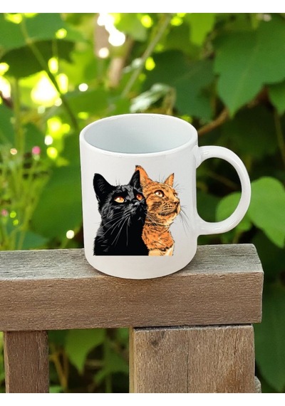 Turuncu Ve Siyah Kedi Baskılı Beyaz Kupa Bardak - Erkek Için Doğum Günü Hediyesi Hediye Ürün Eşya