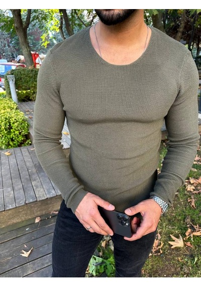 Elku Moda Kazak Örme Tüylenmez Naturel Pamuk Kazak Slim Fit Triko Dar Kesim Body Kazak Haki - Yeşil