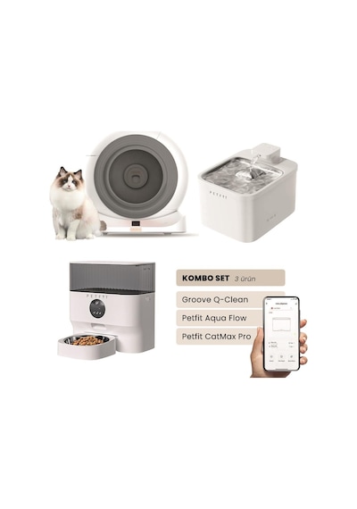 Groove Q-clean Akıllı Otomatik Kedi Tuvaleti Gri - Petfit Aqua Flow Akıllı Bataryalı Su Pınarı Çeşmesi + Petfit Catmax Pro Akıllı Otomatik Mama Kabı Bundle