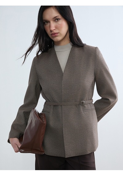 Lcw Studıo Kahverengi Kemerli Ekose Kadın Blazer Ceket