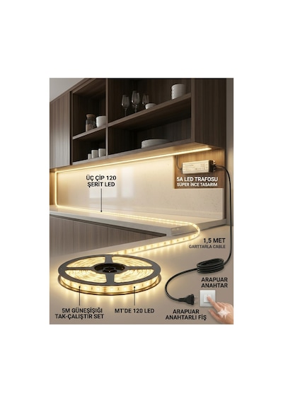 5mt Tak Çalıştır Günişığı Şerit Led Seti,mutfak Dolabı Tezgah Üstü Led,3 Çip, Adaptörlü Arapuar Anahtarlı Komple Set,yapışkanlı Led Işık Günışığı-3000k 5mt Tak Çalıştır Günişığı Şerit Led Seti,mutfak Dolabı Tezgah Üstü Led,3 Çip, Adaptörlü Arapuar Anahtarlı Komple Set,yapışkanlı Led Işık Günışığı-3000k