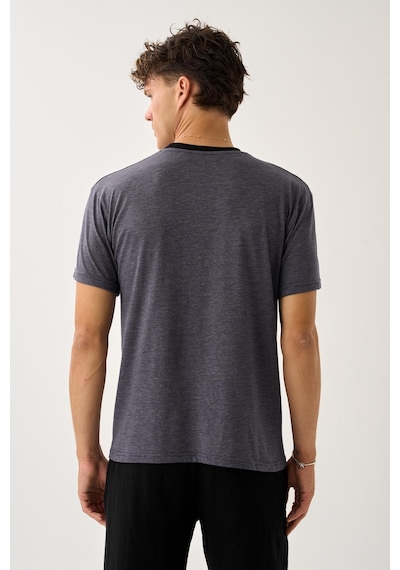 Bisiklet Yaka Çizgili Erkek T-shirt Lacivert Melanj