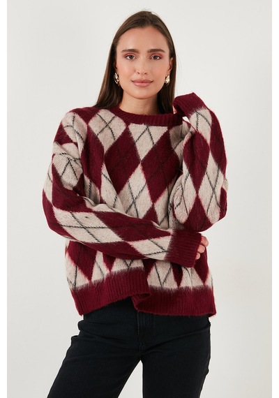 Lela Oversize Fit Bisiklet Yaka Baklava Desenli Yumuşak Dokulu Bayan Kazak 4616223 Bordo