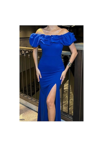 Khi-zai Kadın Modern Stil Kare Yaka Yırtmaçlı Kısa Kollu Abiye Elbise Saks