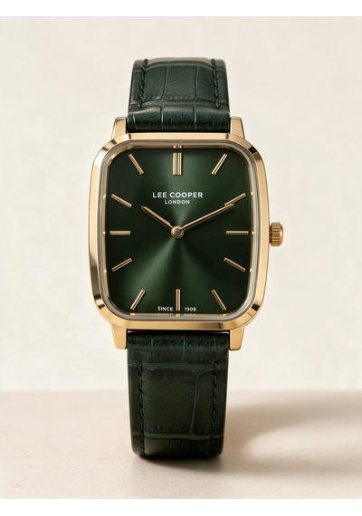 Lee Cooper Haki Deri Kayış Yeşil Kadran 32 Mm Dikdörtgen Erkek Kol Saati, Bileklik Hediyeli Gold