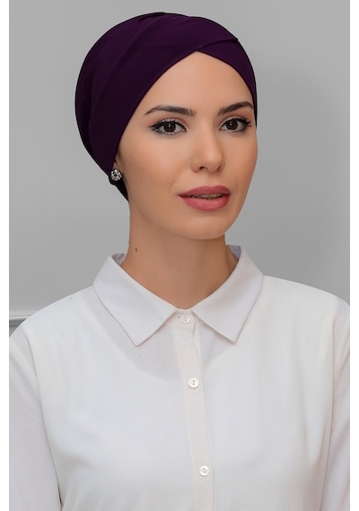 Hürrem Bone Mürdüm Pratik Hazır Geçmeli Tesettür Bone Sandy Kumaş Çapraz Büzg Mürdüm
