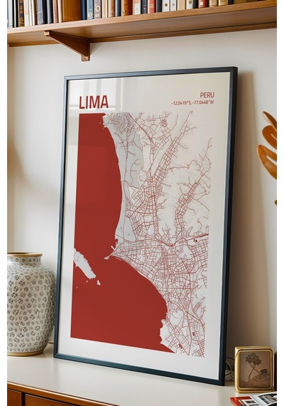 Lima Peru Haritası Çerçeveli Tablo Lüks Salon Ofis Duvar Dekorasyonu Hediyelik Tablo
