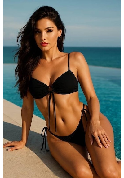 Ang Butik Kadın Kırmızı Siyah Bağcıklı Bikini Takımı