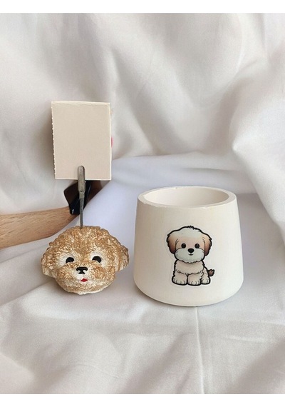 Sevimli Poodle Köpek Temalı Kalemlik Saksı Ve Not Tutucu Seti Renkli