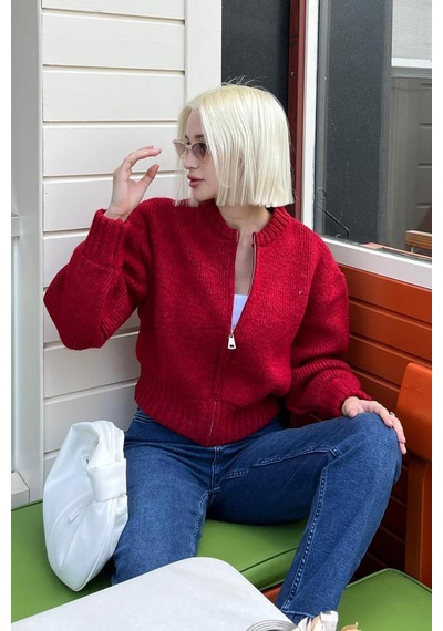 Seeh Kırmızı Fermuarlı Triko Kadın Hırka Sh319 Standart