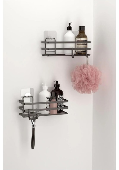 Tekno Tel St-281 Yapışkanlı Kancalı 2 Adet Düz Banyo Rafı Siyah
