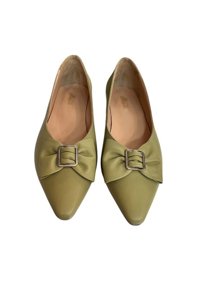 Tufan Shoes Yeşil Hakiki Deri Fiyonk Tokalı Babet Ayakkabı YESIL