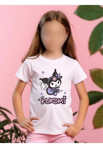 Kuromi Baskı Detaylı Kısa Kollu %100 Pamuklu Beyaz Kız Çocuk T-shirt Beyaz