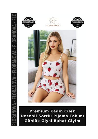 Floranova Premium Kadın Çilek Desenli Şortlu Pijama Takımı Günlük Giysi Rahat Giyim Pembe