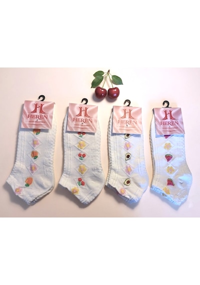 Heren Socks Heren Minimal Ve Kabartma Desenli 4'lü Ekru Pamuk Kadın Patik Çorap Meyve Çiçek Figürlü