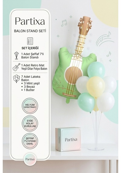 Retro Mat Yeşil Gitar Balon Stand Seti Şeffaf 7 Li Stand + Retro Mat Yeşil Gitar Folyo Balon + 7 Lateks Balon