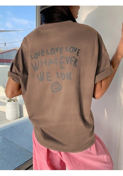 Flood Of Style Kadın Kahverengi Love Love Love Baskılı Oversize T-shirt