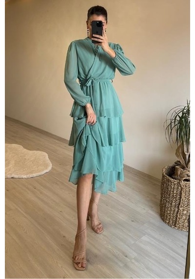 Neşeli Butik Kadın Kat Kat Volanlı Kuşaklı Midi Şifon Elbise Nm004 Mint