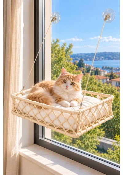 Reyo Tasaryum El İşçiliği Bohem Makrome Kedi Ve Küçük Köpek Cam Hamak Yatağı Güçlü Vantuzlu, Minderli - Krem