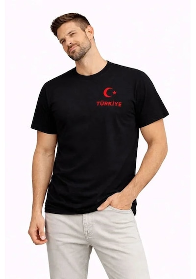 Yake Store Erkek Türkiye Ay Yıldız Baskılı Taraftar Forma T-shirt - Siyah - Siyah