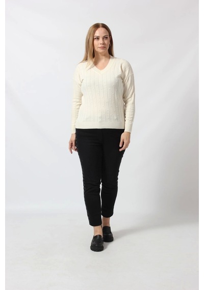 Moda Berray Y6328 Fındık Örgü Detaylı Triko Kazak Krem