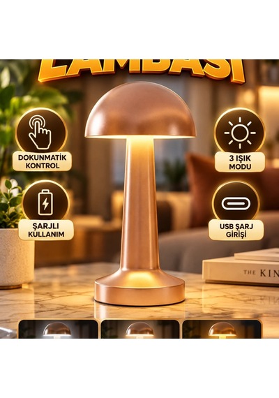 Bronz Şarjlı Led Masa Lambası 3 Işık Modlu Dokunmatik Modern Tasarım Renkli
