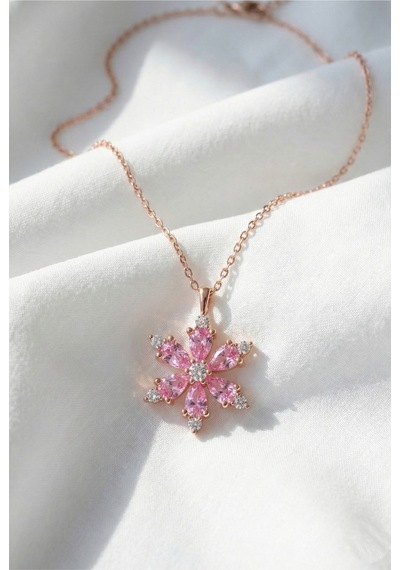 Çekirdekjewelry 925 Ayar Gümüş Pembe Taşlı Kamelya Çiçeği Kolye Rose