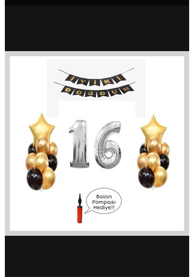 16 Yaş - Gümüş Silver Folyo Balon Parti Seti + Balon Pompası Hedi