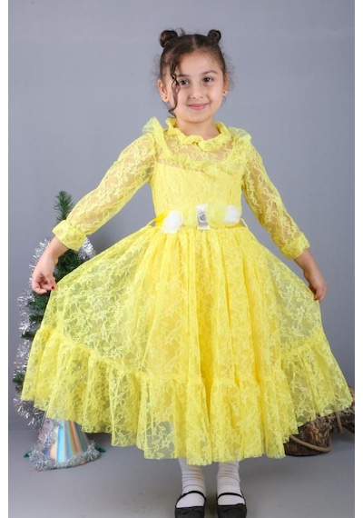 Çiçek Motif Dantelli Çocuk Tesettür Elbise Mnk0580 Sarı