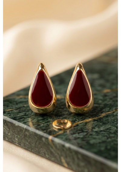Gold Bordo Mineli Damla Küpe Renkli