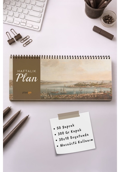 Tarihsiz Spiralli Haftalık Masaüstü Planlayıcı - İstanbul Boğazı - 10x30 Cm Plango Turkuaz
