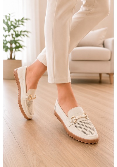 Homiro Kadın Tokalı Günlük Loafer Süet Ayakkabı- Siyah Bej