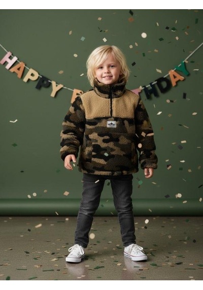 Zekids Erkek Çocuk Kamuflaj Desen Yarım Fermuarlı Polar Sweatshirt-16421 Haki