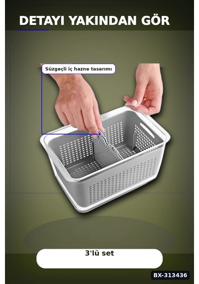 Bölmeli Süzgeçli 3 Parça Buzdolabı Organizer Seti 2.5-5-9 Litre Kilitli Kapak Bx-313436 Diğer