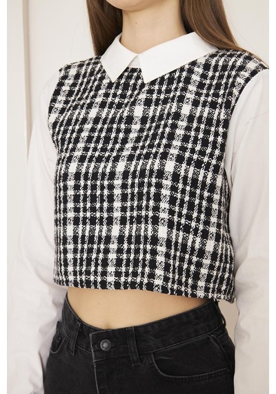 Darlin Moda Siyah Tweed Gömlek Yaka Crop Bluz Dm9002 Siyah