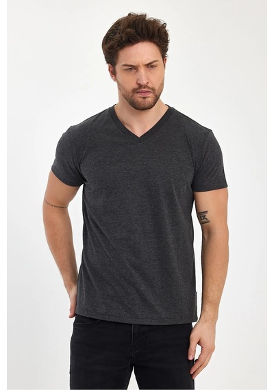 Erkek Compact Penye V Yaka T-shirt Antrasit