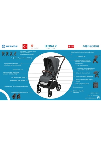 Maxi-Cosi Leona2 Çift Yönlü Uzatılabilir Sırt Desteği Tam Yatabilir Seyahat Sistem Olabilen  Bebek Arabası Twillic Graphite