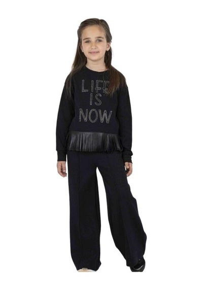 Kız Çocuk Püskül Deri Detaylı Sweatshirt-13504 Siyah