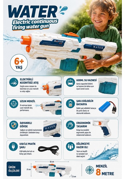 Elektrikli Su Tabancası 600 Ml Kapasite / 8 Metre Menzil 1