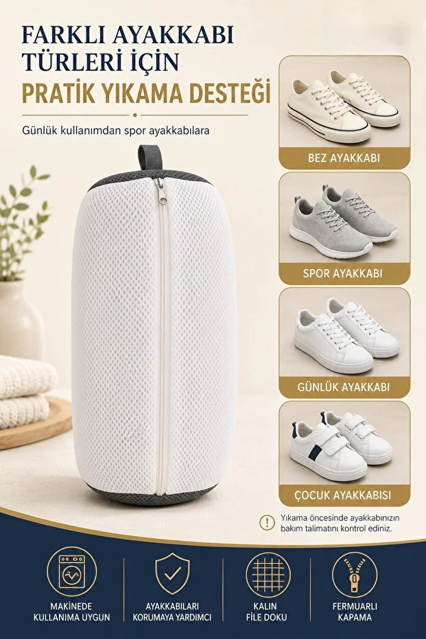 Lüks Premium Ayakkabı Yıkama Çantası Hızlı Kuruyan Tüy Bırakmayan Kalın Fileli Fermuarlı Beyaz