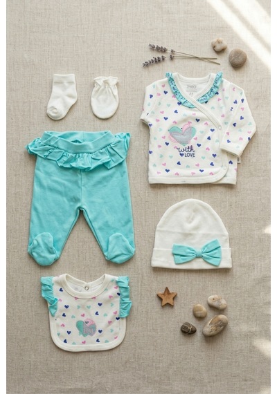 Bambık İmajbebe %100 Pamuk Kalp Motifli 10'lu Kız Bebek Hastane Çıkışı Seti Beyaz Beyaz