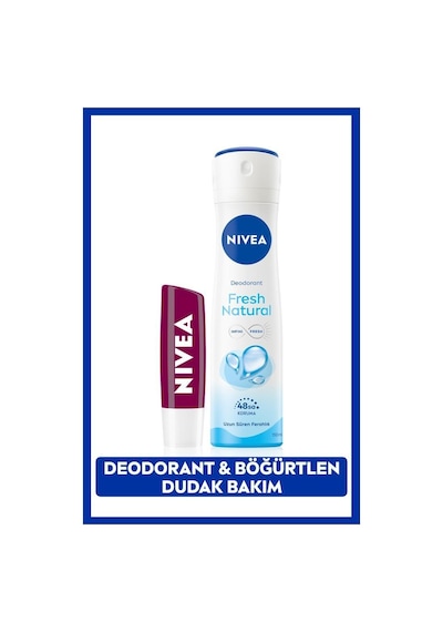 Nivea Fresh Natural 48 Saat Kadın Sprey Deodorant 150 ML + Böğürtlen Özlü Dudak Bakım Kremi
