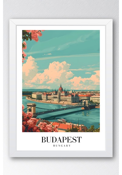 Budapest Hungary Vintage Seyahat Posteri Çerçeveli Tablo - Premium Tuna Nehri Elit Duvar Dekoru Beyaz