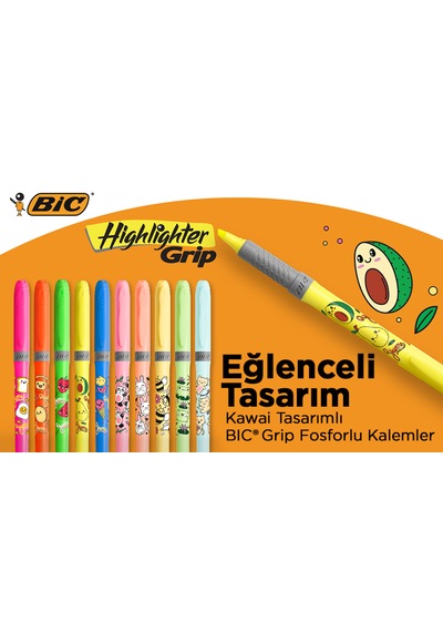 Bıc Marking Highlighter Grip Kawaii Desenli Fosforlu Kalem 10'lu Set Çok Renkli