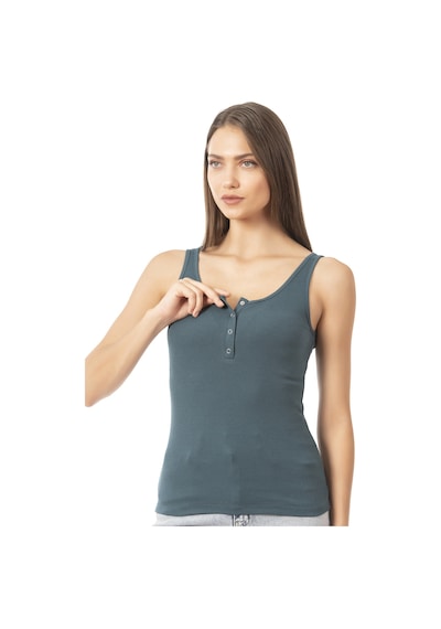 Özkan Underwear Özkan 27063 Kadın Pamuklu Likralı Kaşkorse Fitilli Esnek Rahat Önü Patlı Kalın Askılı Örme Atlet Yeşil