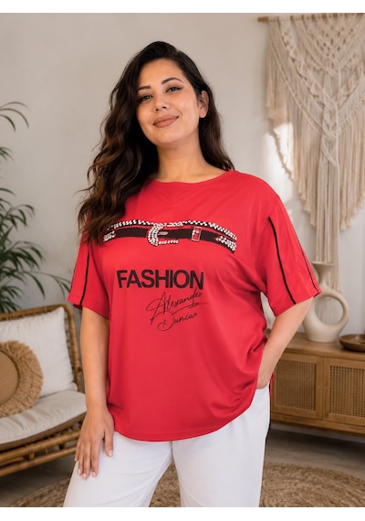 Büyük Beden Fashion Yazı Baskılı Taş Kemer Detaylı Kısa Kollu Kadın Bluz Kırmızı
