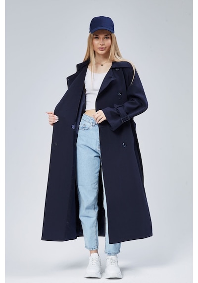 Kadın Oversize Kuşaklı Trençkot Lacivert
