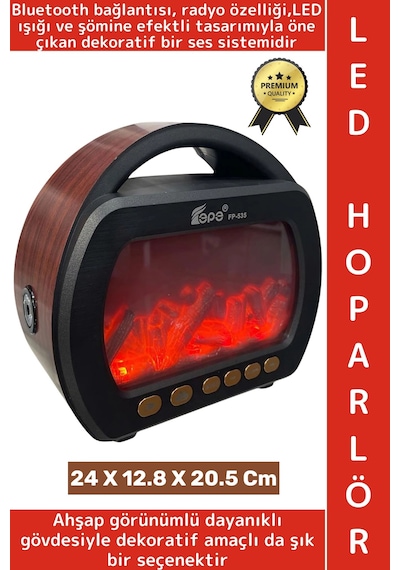 Premium Retro Dekoratif Speaker Ahşap Görünüm Led Işık Nostaljik Şömine Tasarımlı Bluetooth Hoparlör